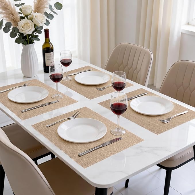Timeet Placemats Set of 8, Heat Resistant Non-Slip Place Mats, Durable Washable PVC Vinyl Woven Table Mats, Linen Textured Table Placemats for Dining Kitchen Resistant Easy to Clean(Brown)