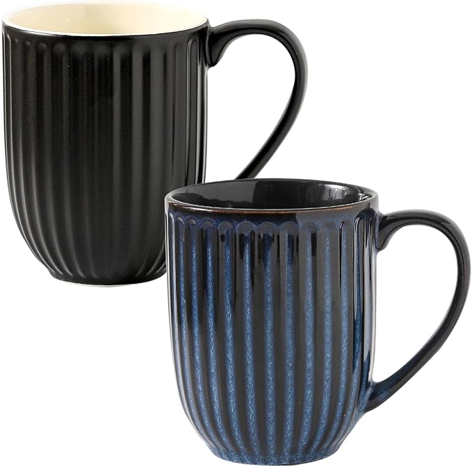 HASENSE 20 Oz Ceramic Coffee Mug with Handle, Large Black & Navy Blue Porcelain Latte Cup for Coffee, Tea, Hot Cocoa, Ribbed Tea Mug Set of 2, Microwave & Dishwasher Safe, Birthday Gifts for Women
