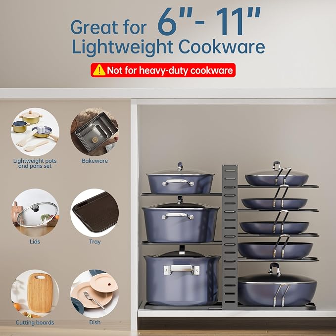ORDORA Pots and Pans Organizer Under Cabinet 14.55" Height, Adjustable 8-Tier Pot Organizers inside Cabinet, Kitchen Organizers and Storage Fit 6-11 inch Lightweight Cookware