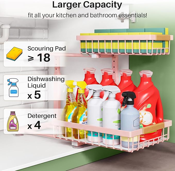 Kitstorack Under Sink Organizer, 2 Tier Under the Sink Storage, Slide out Pull out Cabinet Organizer Shelf, Metal Sliding Drawer for Kitchen Bathroom Pantry Closet Organization Rack, Pink, 1 Pack