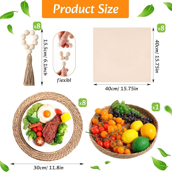 8 Sets Boho Decoration Placemats Round Woven Placemats, Cloth Napkins, Wood Bead Napkin Rings, Long Table Runner and Farmhouse Burlap Cotton for Table Kitchen (Khaki,12x108)