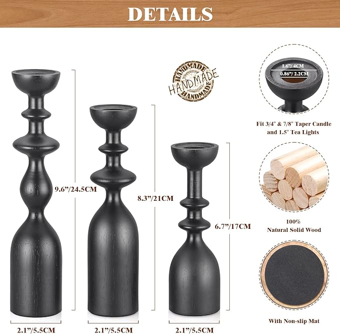 HOWSILAY Wood Candle Holders for Table Centerpiece Black Candlestick Holders - Rustic Candle Stick Candle Holder fits 3/4" or 7/8" Taper Candle and Dia 1.5" Led Tea Lights Candles or Pillar Candles