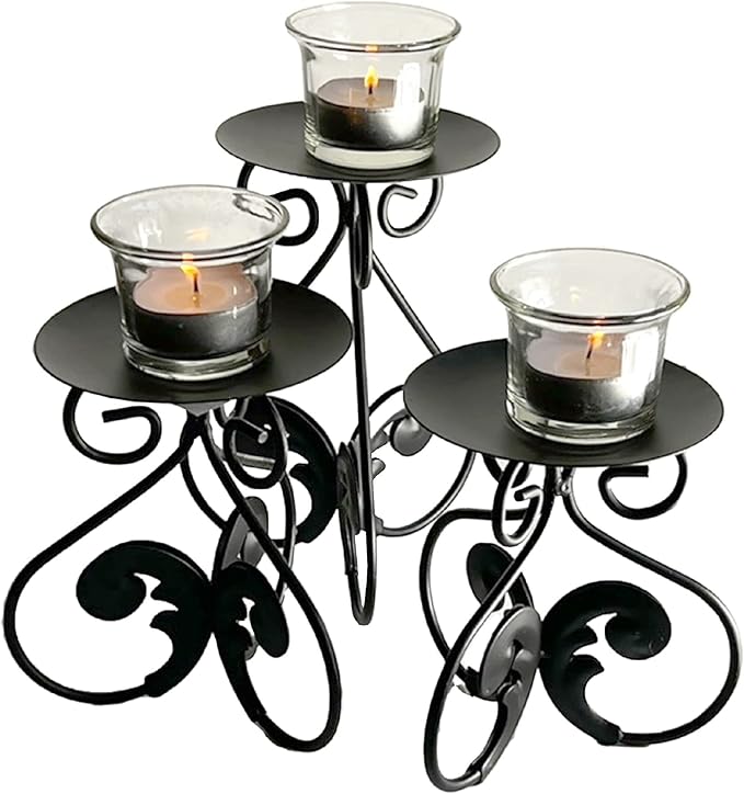 Lily’s Home Elegant Scrollwork Fleur De Lis Pillar Candle Holders, Wax & LED Candle Stands, Black, Set of 3. Candles Not Included