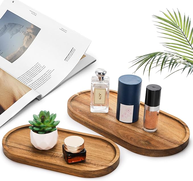 Elsjoy Set of 2 Acacia Wood Serving Trays, Long Wooden Serving Platter Oval Charcuterie Board Set for Home Decor, Fruit, Cheese, 𝟏𝟒" 𝐱𝟕" 𝐚𝐧𝐝 𝟏𝟏" 𝐱𝟓.𝟓"