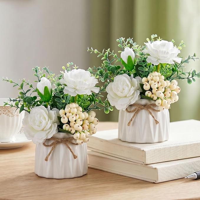 BLOSMON Table Decor Artificial Flowers Vase 7 Inch Small Fake Flower White Arrangement 2pcs Floral Arrangement for Tables Centerpieces Kitchen Dining Room Decorations Faux Flower in Vase Silk Roses