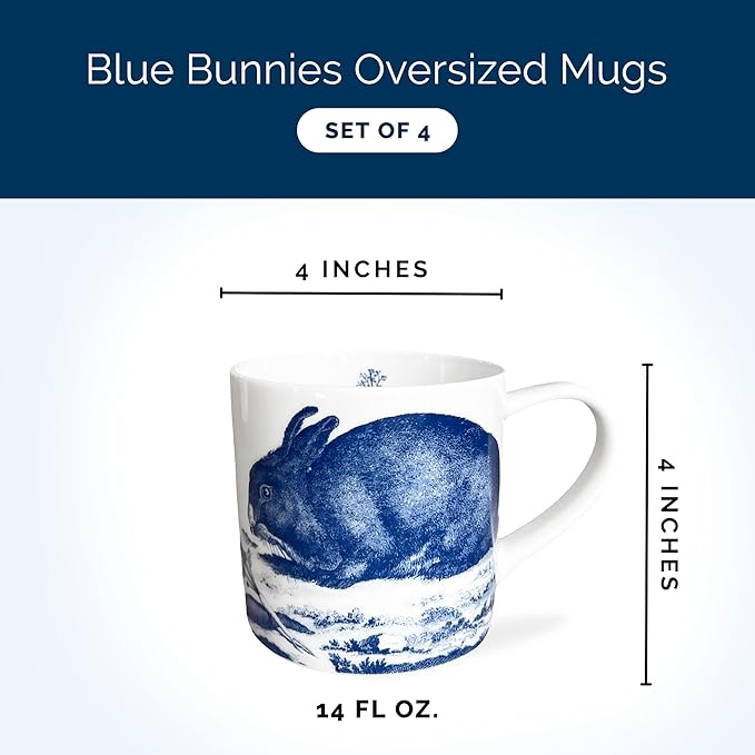 Caskata Bunnies Blue Oversized Mugs Set of 4 | High-Design Premium Lead-Free Porcelain Mug Set for Entertaining or Everyday | Unique Party Mugs for Wedding or Birthdays | 14 oz