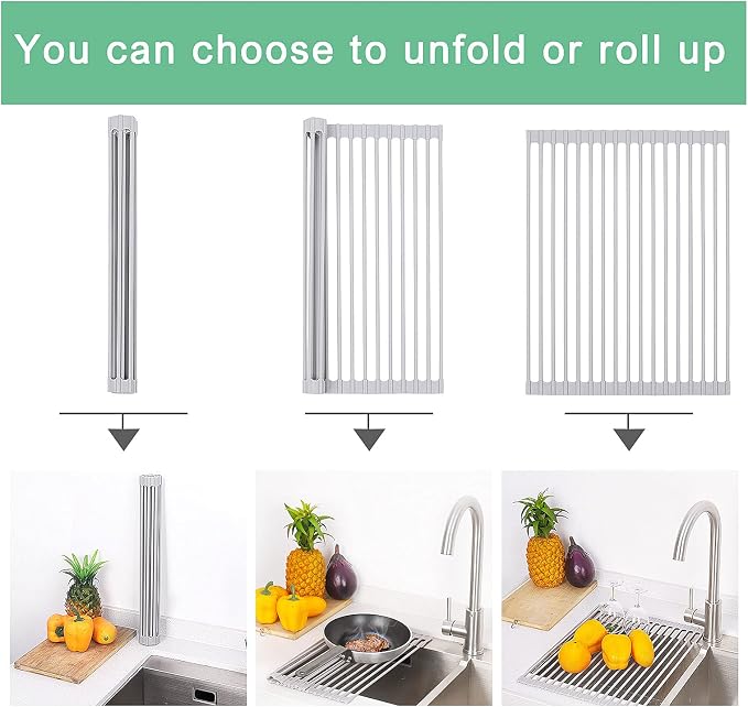 Roll Up Dish Drying Rack Over Sink, 17.5" x 13" Silicone Coated Stainless Steel Sink Drying Rack, Foldable Dish Drainer Rack for Kitchen Counter, Heat Resistant, Non-Slip, Space Saving, Gray