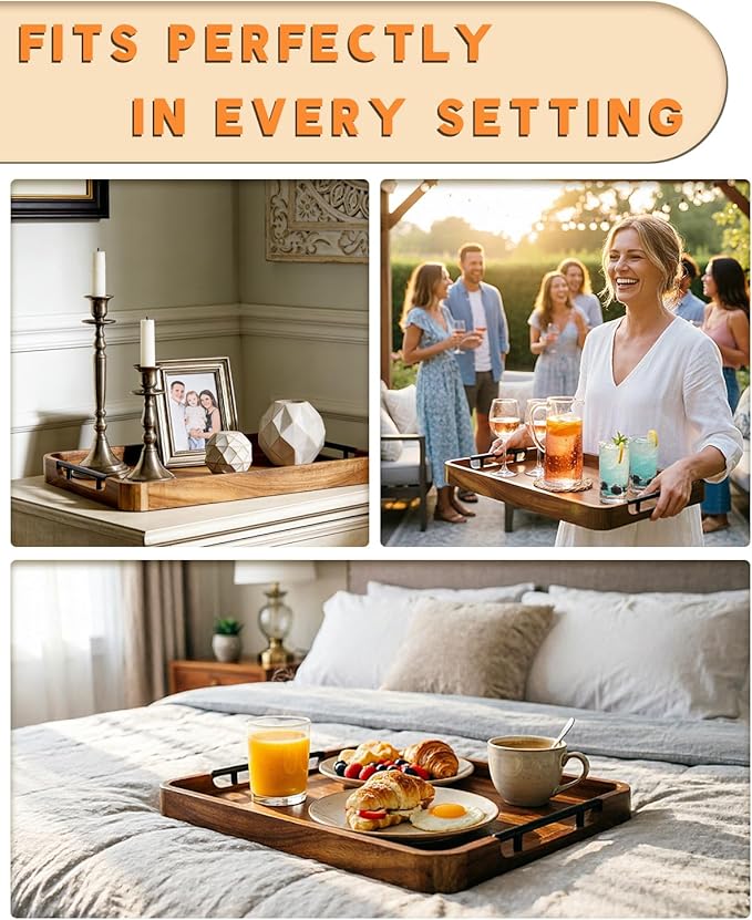 22" x 15.75" Acacia Wood Serving Tray with Metal Handles & Rounded Corners, Large Rectangular Wooden Ottoman Tray for Coffee Table, Living Room, Kitchen, Food Serving