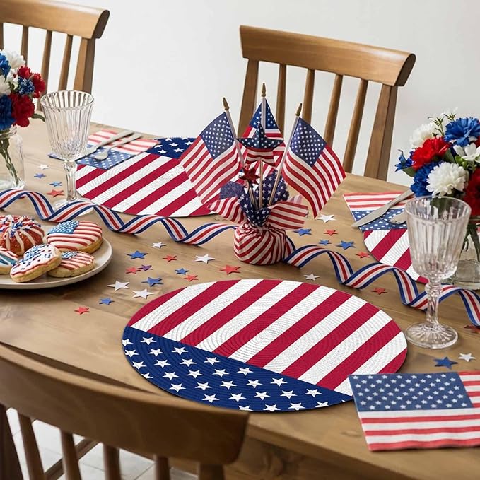 4th of July Round Placemats Set of 8 American Flag Place Mats Independence Day Woven Placemat Red White and Blue Star Stripes Circle Braided Table Mat for Kitchen Dining Table Party Decor 15 Inch