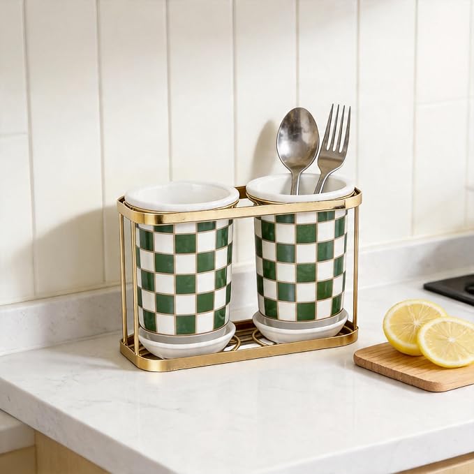 Multi-functional Ceramic Checkered Utensil Crocks,Kitchen Utensil Storage, Bathroom Checkered Bathroom Toothbrush Holder, Flatware Organizer & Home Accessory