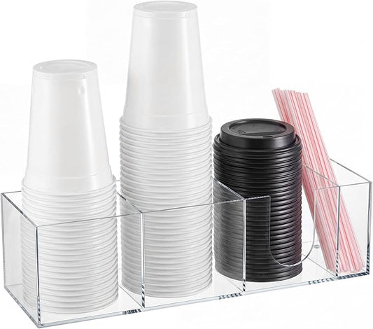 Novabright 4 Compartments Coffee Cup Holder for Countertop Cup Lid and Straw Dispenser Coffee Station Organizer Bar Accessories for Breakroom Restaurant, 15.3 x 4.7 x 4 (Clear,Acrylic)