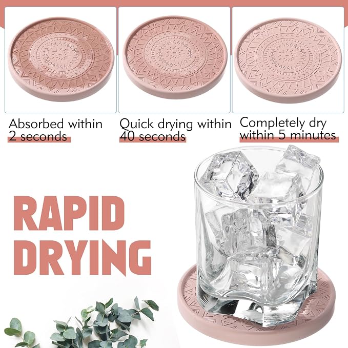 Photect Diatomaceous Earth Coasters Set with Holder Absorbent Stone Drink Coasters Instant Drying Tray for Tabletop Protection Home Decoration Housewarming Gift(Mint,6 Pcs)