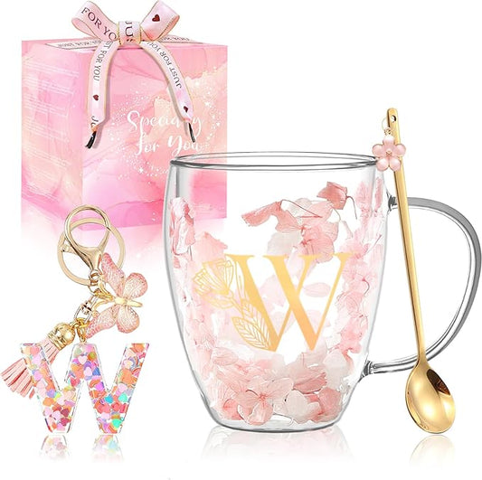 Gifts for Women Cute Monogrammed Double Wall Glass Flower Coffee Mug Initial Tea Cup with Spoon Personalized Christmas Graduation Birthday Gifts Customized Valentine Bridesmaid Bride Wedding Gifts (W)
