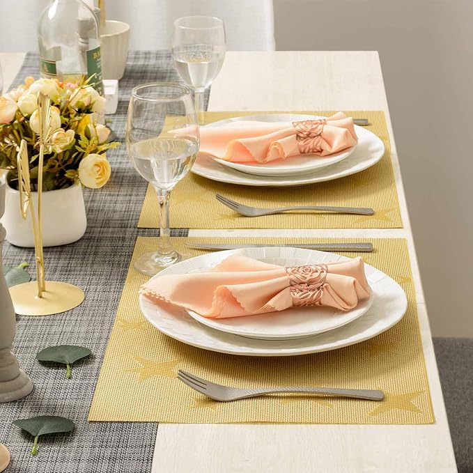AHHFSMEI Placemats Set of 6 Washable Woven Vinyl Placemats for Dining Table Heat Resistant Non-Slip Stain Resistant Table Mats for Kitchen & Home Decor(Gold Star,6)