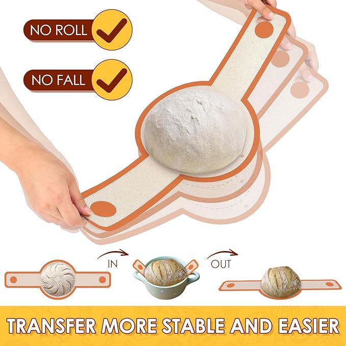 HOTEC 2 Pcs Silicone Bread Sling for Dutch Oven, 0.7MM Thickened Heat Resistant to 500°F Non-Stick Baking Mat with Long Handle Easy to Transfer Sourdough Bread, Dutch Oven Liners Baking Supplies