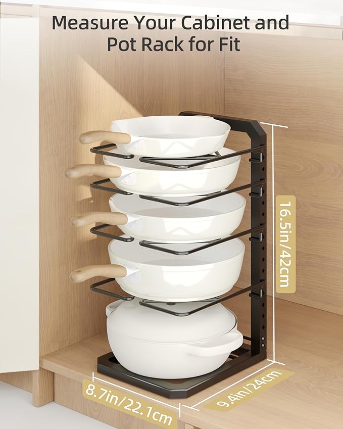 Pots and Pans Organizer under Cabinet, 5 Adjustable Tiers Heavy-Duty Pan Pot Organizer with 16.5" Height, Holds 55 LB - Cast Iron Skillets, Griddles, Shallow Cookware