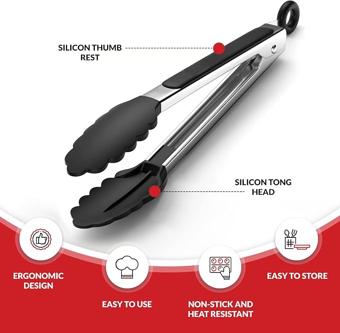 Kitchen Tongs for Cooking with Silicone Tips by Boxiki Kitchen, BPA Free Stainless Steel set of 2 Silicone Tongs for Cooking, Grilling & Toss a Salad, Heat Resistant Grill Tongs for Serving Food.