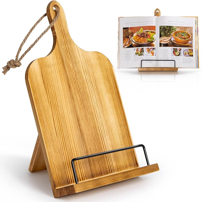 PUERSI Cook Book Stand for Kitchen Counter, Wooden Cookbook Holder, Adjustable Recipe Book Holder - Brown