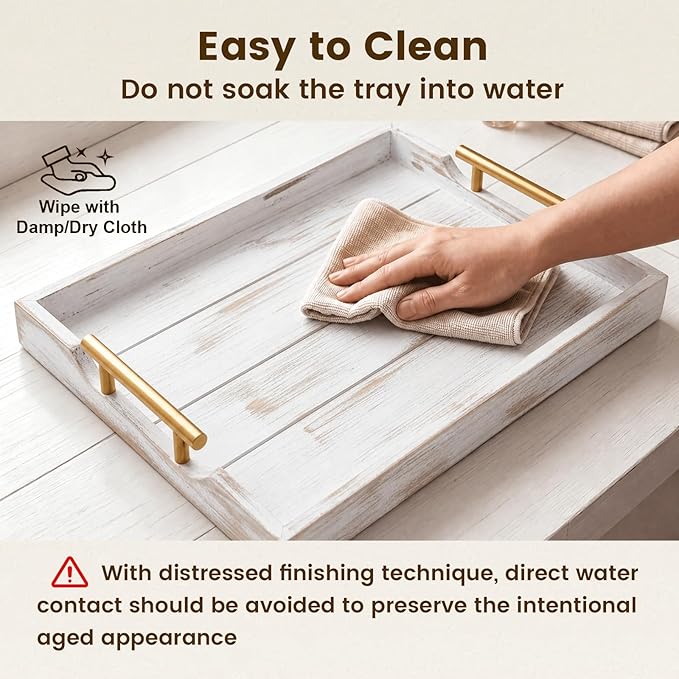 Wood Serving Tray with Metal Handles, 17x13in Large Wooden Tray for Ottoman, Coffee Table, Breakfast, Dinner & Bar, Decorative Tray for Living Room, Bedroom, Bathroom and Kitchen, Off-White