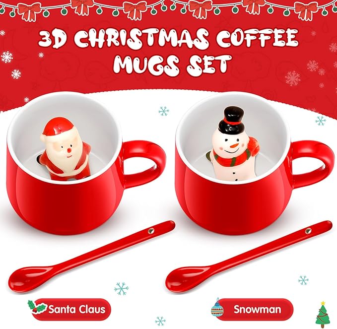 Uiifan 2 Sets 3D Christmas Coffee Mugs with Ceramic Spoon Santa Snowman Cups 13.5 oz Cute Hot Cocoa Mug Animal Inside Mugs Cartoon Ceramic Cup Christmas Gifts for Women Men Birthday Party Supplies