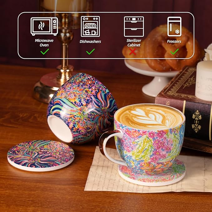 KAMMAK Coffee Mugs Ceramic Tea Cups Set of 2, 15 oz Porcelain Espresso Cups with Coaster Large Novelty Mugs with Handle for Cappuccino, Latte, Americano, Breakfast Cereal, Hot Cocoa (Purple + Ocean)
