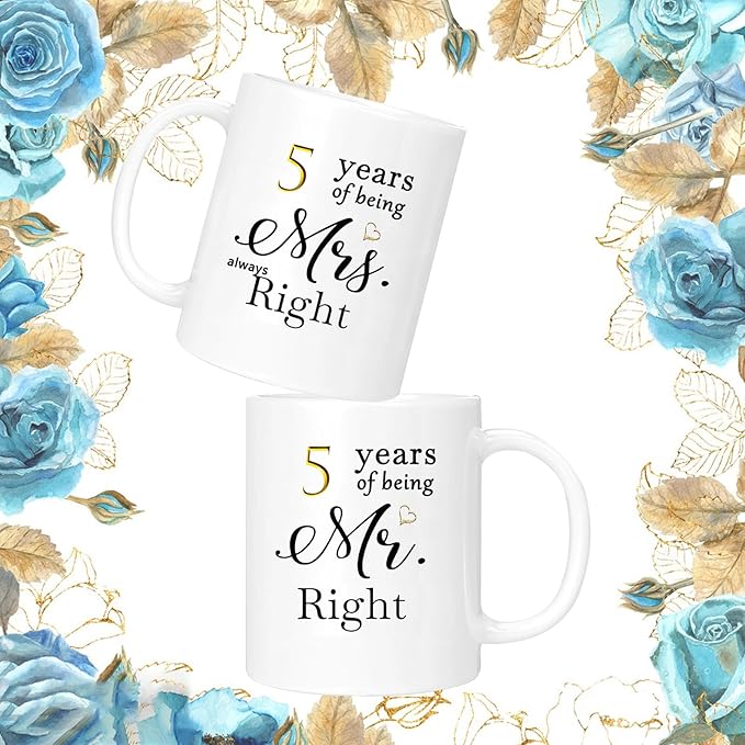 5th Anniversary Coffee Mugs Set of 2, 5 Year Anniversary Wedding Gifts Decorations for Couple Parents Men Women Husband Wife Him Her, Gift Box Packaging, 11oz