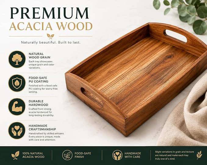 Acacia Wood Serving Tray - 12 Inch Wooden Tray with Natural Food-Safe PU Coating, Brown