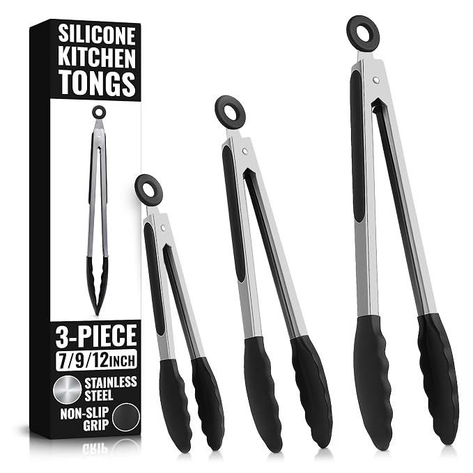 Kitchen Tongs Set of 3 — 7", 9", 12" Silicone Tongs for Cooking, Stainless Steel Build with Silicone Tips, Non-Stick Pan Safe, Easy-Lock Handle — Salad, Grilling, BBQ, Pasta, Frying, Steak, Serving