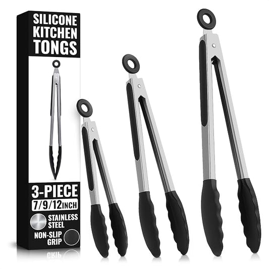 Kitchen Tongs Set of 3 — 7", 9", 12" Silicone Tongs for Cooking, Stainless Steel Build with Silicone Tips, Non-Stick Pan Safe, Easy-Lock Handle — Salad, Grilling, BBQ, Pasta, Frying, Steak, Serving