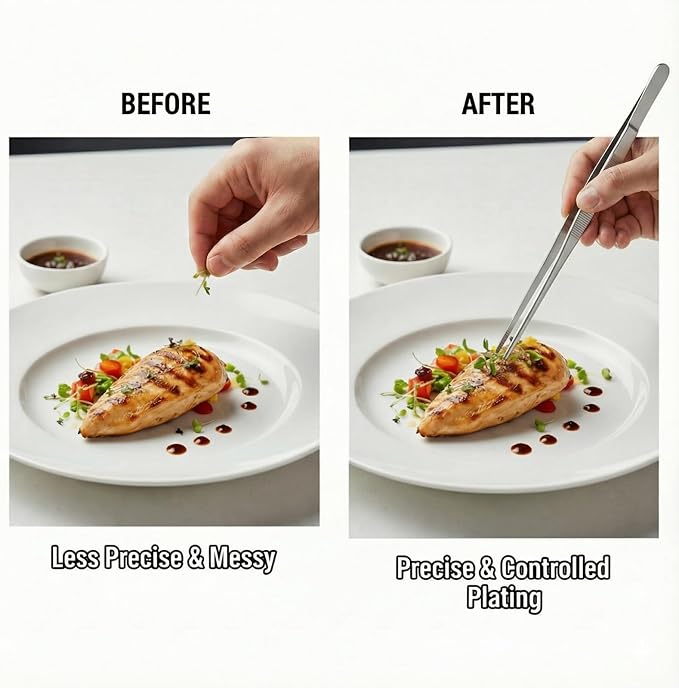 12 Inch Stainless Steel Precision Kitchen Tweezers - Professional Chef-Grade Food Tongs for Cooking, Plating, and Grilling - Fine Serrated Tips for Secure Grip