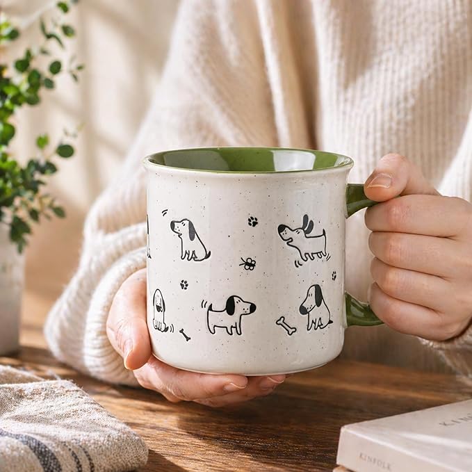 AmorArc 22 OZ Large Ceramic Coffee Mugs Set of 2, Oversized Mugs With Big Handle for Men Women Dad Mom, Big Mug With Textured Dogs Cats Patterns for Office & Home -Microwave Safe, 2 Pcs-Green