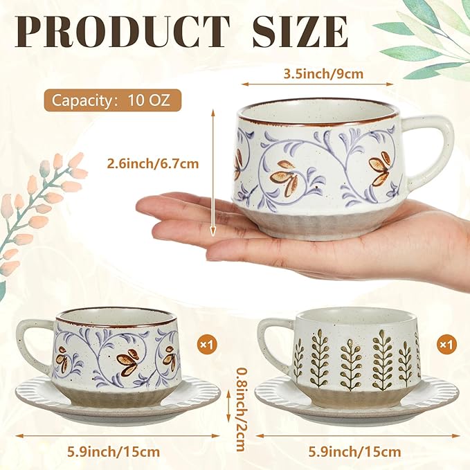 LemonRoad Vintage Tea Cup and Saucer Set of 2, 10oz Porcelain Coffee Mugs with Saucer for Latte Mocha Cappuccino Ceramic Teacups for Housewarming Wedding Gifts Kitchen Table Decor