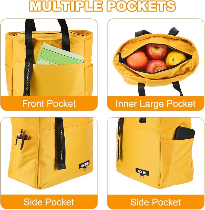 PATIKIL Insulated Lunch Bag Reusable Large Lunch Bag for Women & Men Thermal Lunch Box Leakproof Cooler Tote Bag with Side Pockets for Adults Picnic Office Work, Yellow (10.6"x6"x11")