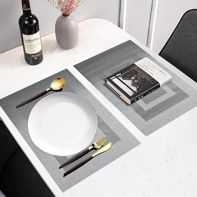 PIGCHCY Placemats Set of 12 Washable Durable Place Mats Vinyl Heat Resistant Non-Slip Table Mats Indoor Outdoor (18 x 12 inches, Silver Black)