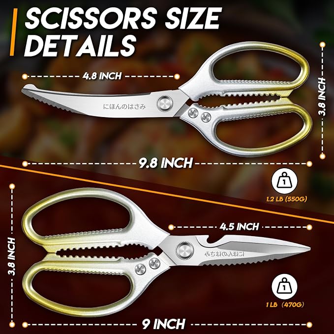 TIJERAS Kitchen Scissors Set Gold - Stainless Steel Kitchen Shears, Sharp Meat Scissors, Heavy Duty Poultry Shears, Japanese Cooking Scissor for Food, Chicken, and Turkey, Gifts for Women Men