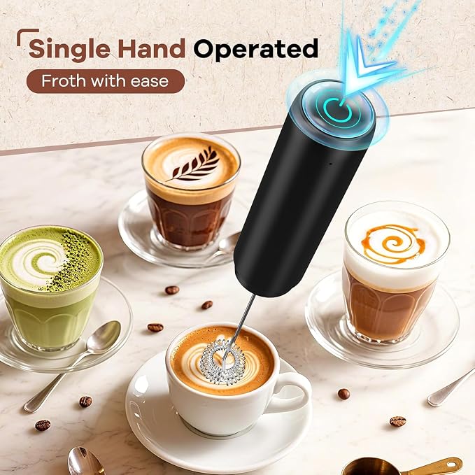 Rechargeable Milk Frother, Handheld Coffee Frother Wand Drink Mixer with Cover, Electric Whisk Coffee Mixer for Matcha Lattes Cappuccino