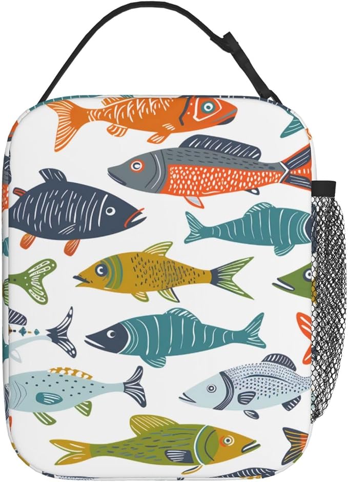 Reusable Colorful Fish Lunch Box for Kids Girls Boys Women Adult, Insulated Cute Lunch Bag,Polyester Cooler Handbags Case for School Picnic Work Travel Outdoor Beach or Hiking