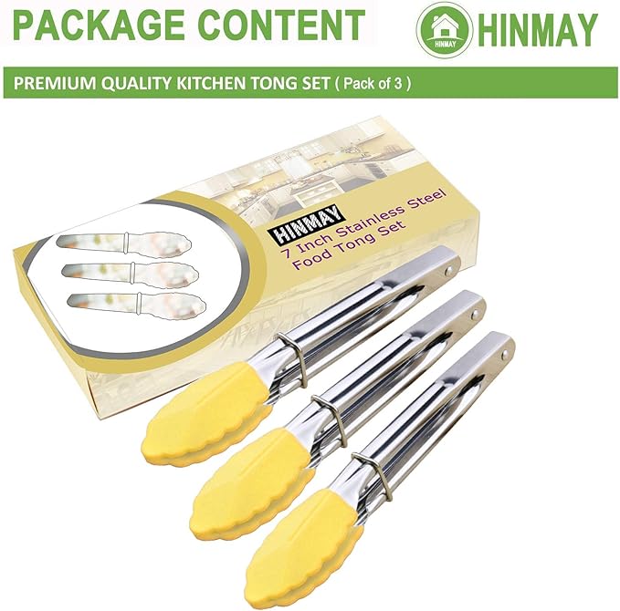 HINMAY Mini Tongs with Silicone Tips 7-Inch Small Serving Tongs, Set of 3 (Yellow)