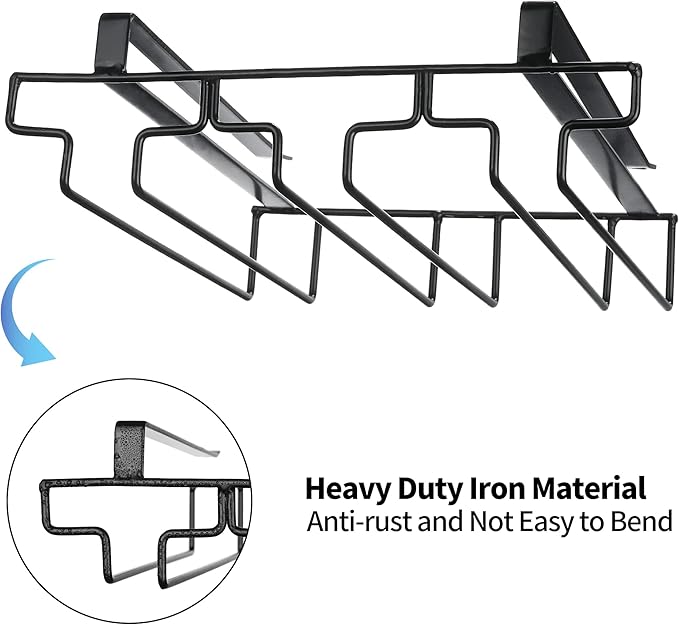Wine Glass Rack Under Cabinet Drilling Free No Screw Steamware Holder Under Shelf Metal Wine Glasses Holders 304 Stainless Steel Hanger Storage Organizer Hanging Glass Fit for Bar Kitchen 3 Rows Black
