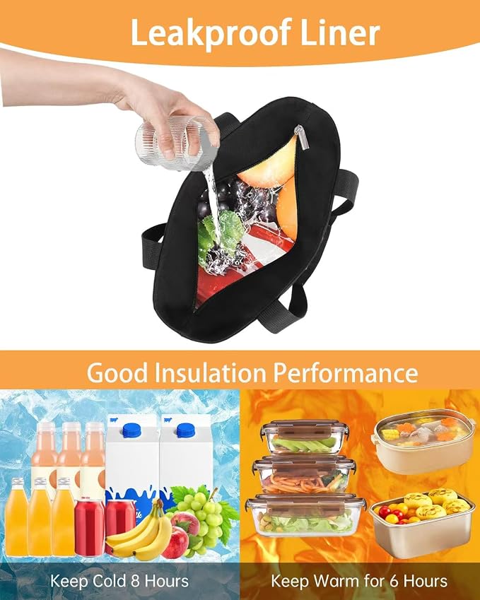 GLENKEY Insulated Lunch Bag Tote Lunch Box - Large Leakproof Cooler Bags for Adults - Soft Lunchbox for Women Work Shift Outdoor Travel Black 8L