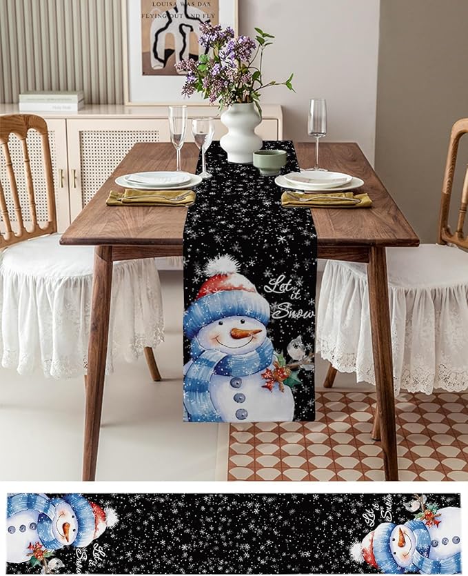 Snowman Christmas Table Runner - 70 Inch Long, Black Xmas Winter Snowflake Dining Table Runner Dresser Scarves, Rustic Let Snow Bird Christmas Decor for Coffee Table Wedding Party Banquet, 13x70 in