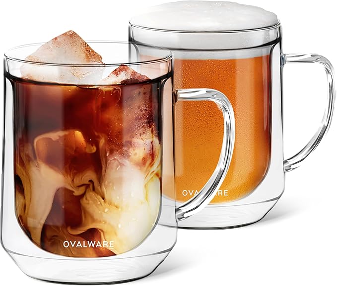 ovalware 500ml Double Wall Glass Coffee Mugs, Single Lip Mugs Made of Durable Borosilicate Glass, Insulated Coffee Mug with Handle for Hot and Cold Drinks - Clear