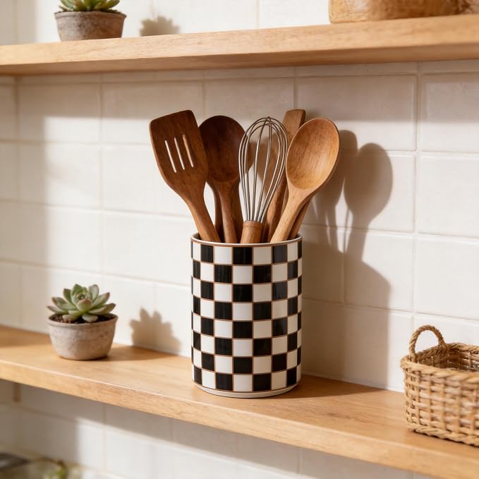 Checkered Kitchen Utensil Holder,Black And White Ceramic Cooking Utensil Holder Modern Utensil Crocks for Kitchen Counter,Housewarming Gift, Farmhouse Kitchen Decor and Accessories (Black)