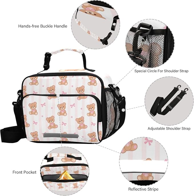 Kcldeci Teddy Bear with Pink Ribbon Bow Kids Lunch box Insulated Cooler Lunch Bag Back to School Thermal Meal Tote Kit for Girls, Boys,