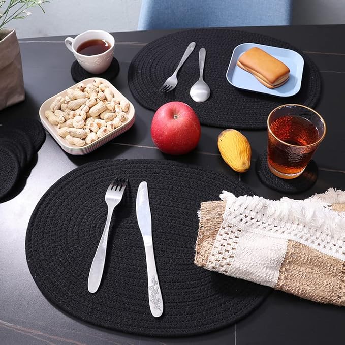 Oval Woven Placemats Set of 4, Rattan Placemats 12x16 Inch Cotton Wicker Placemats Farmhouse Boho Circle Braided Heat Resistant Outdoor Placemats Patio Table Place Mats (Black)