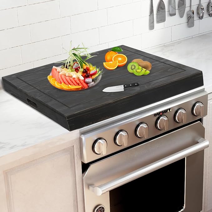 Noodle Board, 30x22in Pine Wood Stove Top Cover, Vintage Countertop Protector for 30" Stoves, Kitchen Serving Tray w/Cut-out Handles, Extra Workspace Sink Cover, Cutting Board Hold 44 lbs, Black