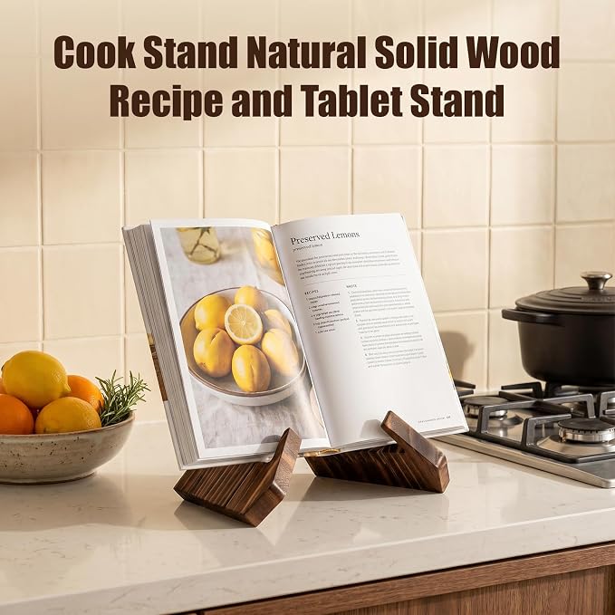 JJUNW Cookbook Stand, Recipe Book Holder for Kitchen Counter, Wooden Cookbook Holder, Rustic Cook Book Holder Stand - Rustic Brown