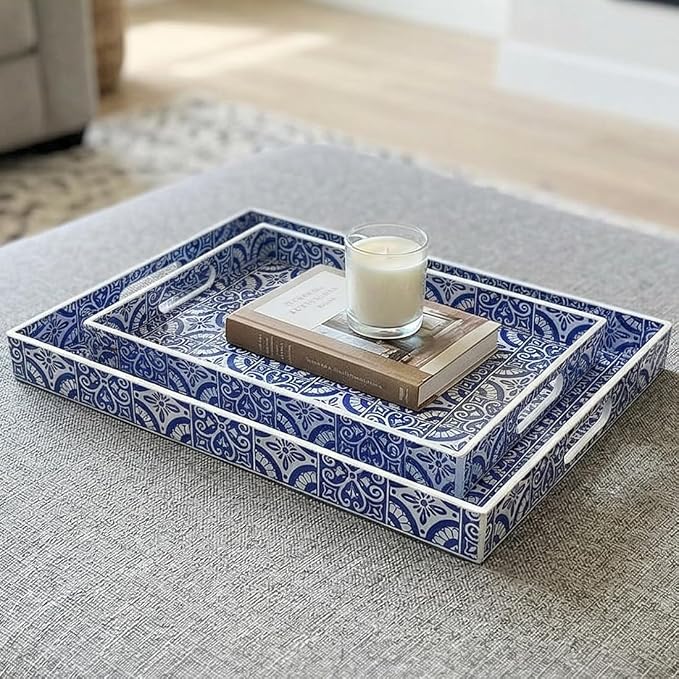 2 Pack Serving Tray with Handles, Rectangular Decorative Trays for Coffee Table, Modern Blue Plastic Ottoman Tray for Living Room, Bathroom, Kitchen, Decor, (Boho Blue)
