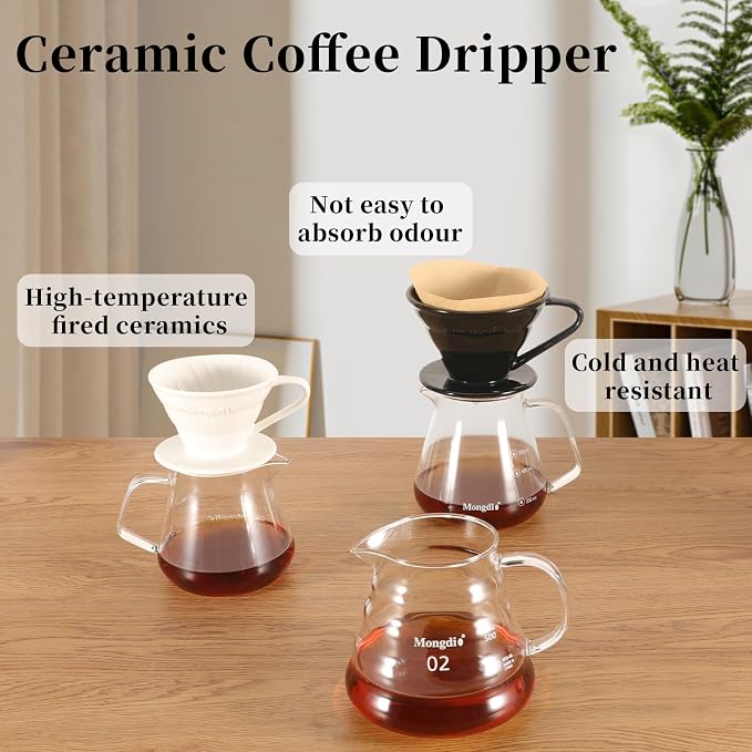 Mongdio Ceramic Pour Over Coffee Dripper, Reusable Porcelain Portable Pour Over Coffee Maker, Slow Brewing Accessories with 1 Holes for Home - Size 02 Black