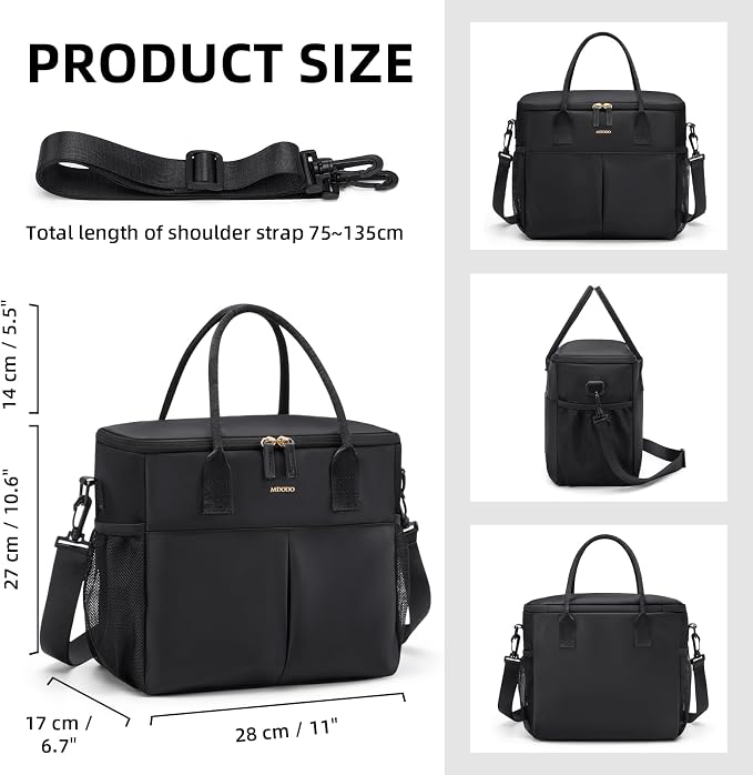 MDODO Lunch Bag Large Insulated Lunch Bags for Women Men Adult Lunch Box with Shoulder Strap for Work,Picnics,Outings (Black)